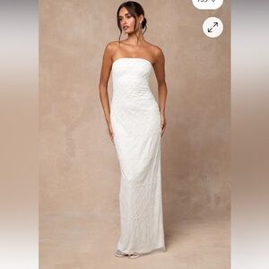 NWT Lulus Miko White Beaded Strapless Column Maxi Dress Small